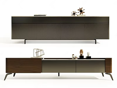 Modern Wooden TV Cabinet With Textured Surface Metal Legs And Decorative Items 3d model