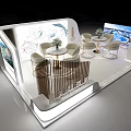 Modern Exhibition Booth Interior With White Curved Walls Round Tables Green Plants And Display Screens