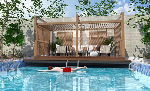 Modern courtyard portico swimming pool pavilion landscape villa garden pool 3d model