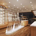 Bright Modern Dessert Shop Interior With Glass Display Cases Wooden Counters And Green Plants