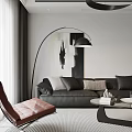 Pink Leather Leisure Chair with Black Sofa Floor Lamp Abstract Painting and Coffee Table