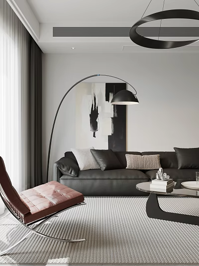 Pink Leather Leisure Chair with Black Sofa Floor Lamp Abstract Painting and Coffee Table 3d model