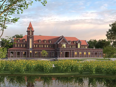 European Architecture With Red Roof Spire Tower Green Trees Yellow Flower Fields And Water Reflection 3d model