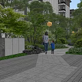 Night Garden Landscape With Paved Pathway Green Plants Red Maple Tree Trimmed Hedges And Lighting