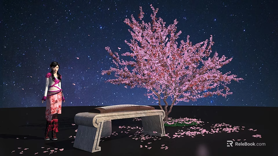 Cartoon Scene Featuring Night Sky Stars Pink Cherry Blossom Tree Stone Guzheng Girl Scattered Petals 3d model 