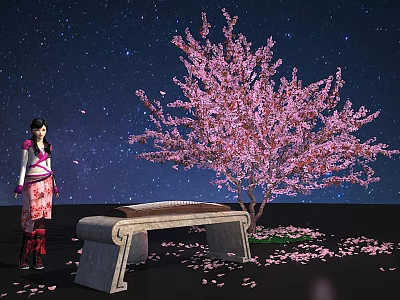 Cartoon Scene Featuring Night Sky Stars Pink Cherry Blossom Tree Stone Guzheng Girl Scattered Petals 3d model