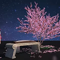 Cartoon Scene Featuring Night Sky Stars Pink Cherry Blossom Tree Stone Guzheng Girl Scattered Petals