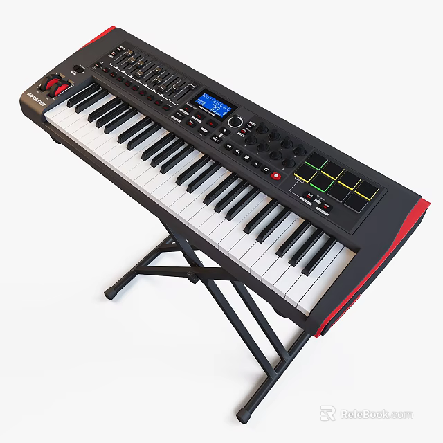 Electric Keyboard Musical Instrument Featuring Keys Control Knobs Display Screen And Stand 3d model 