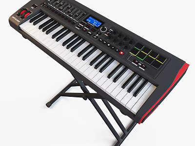 Electric Keyboard Musical Instrument Featuring Keys Control Knobs Display Screen And Stand 3d model