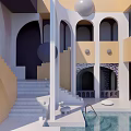 Elegant Modern Swimming Pool Area Featuring White Arches Staircase And Circular Decor 3d model