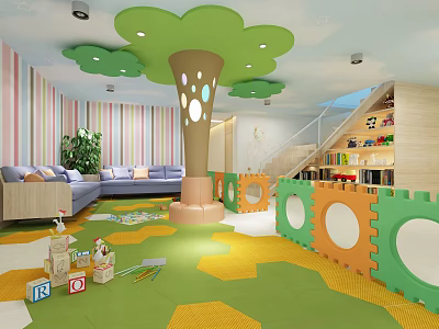 Kindergarten Interior With Green Tree Decoration Colorful Play Mats Sofas And Toys 3d model
