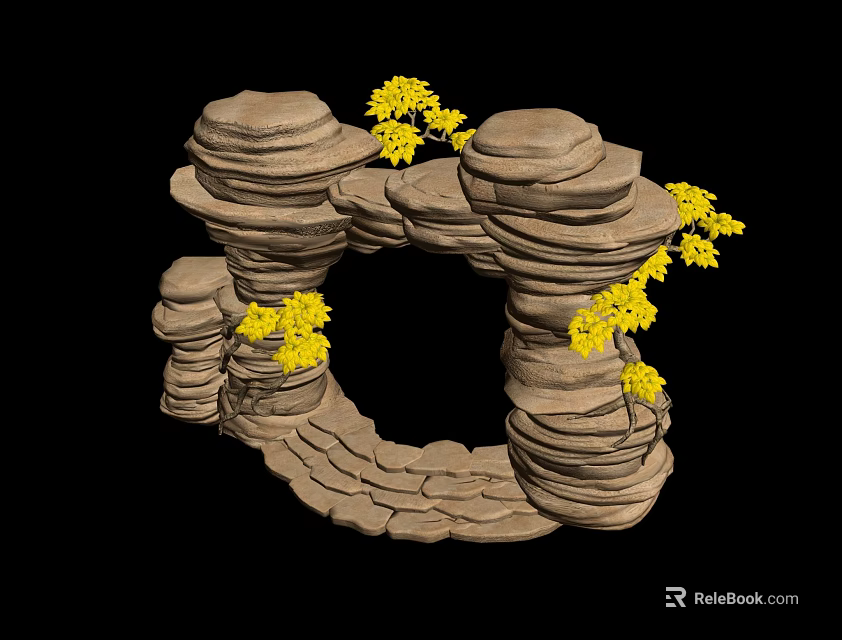 Outdoor Garden Decorative Stacked Stone Circular Structure With Small Yellow Flowers 3d model 