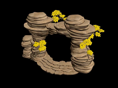 Outdoor Garden Decorative Stacked Stone Circular Structure With Small Yellow Flowers 3d model