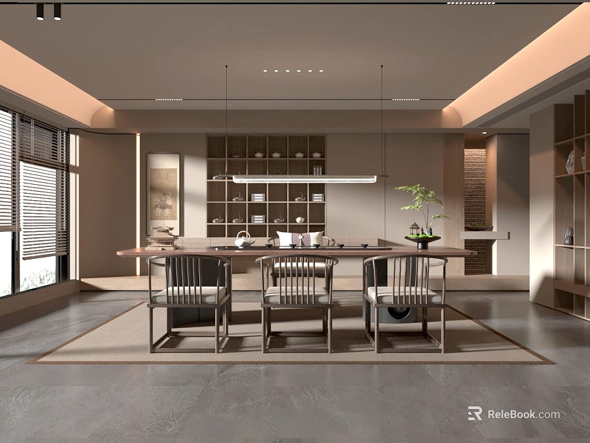 Modern Tea House Interior With Long Table Chairs Shelves And Plant 3d model 