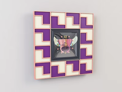 Square Wall Clock with Purple and White Geometric Pattern Frame and Pink Elements 3d model