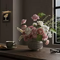 Pink And White Roses In Ceramic Vase On Wooden Table With Green Cup Pastry Eyeglasses