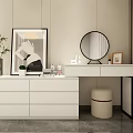 Elegant Modern Dressing Table with White Drawers Round Mirror Stool and Decorative Items 3d model
