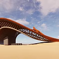 Modern Desert Entrance Gate With Red Curved Structure And Blue Sky