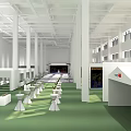 Spacious Indoor Event Venue With Neatly Arranged White Benches Decorated Stage And Large Screen