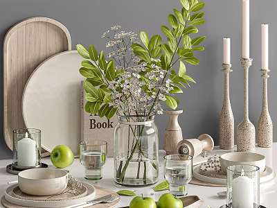 Stylish Tableware Set With Wooden Tray White Plates Green Plants White Flowers And Candles 3d model