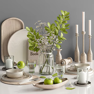 Stylish Tableware Set With Wooden Tray White Plates Green Plants White Flowers And Candles 3d model