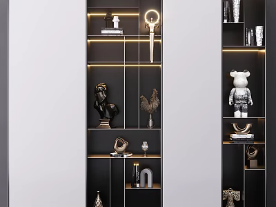 Modern Black Lighted Shelving Unit with Decorative Sculptures and Ornaments on Multiple Shelves 3d model