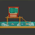 Scenic Waterfront View With Red Cottage Green Roof Wooden Platform And Blue Floating Elements