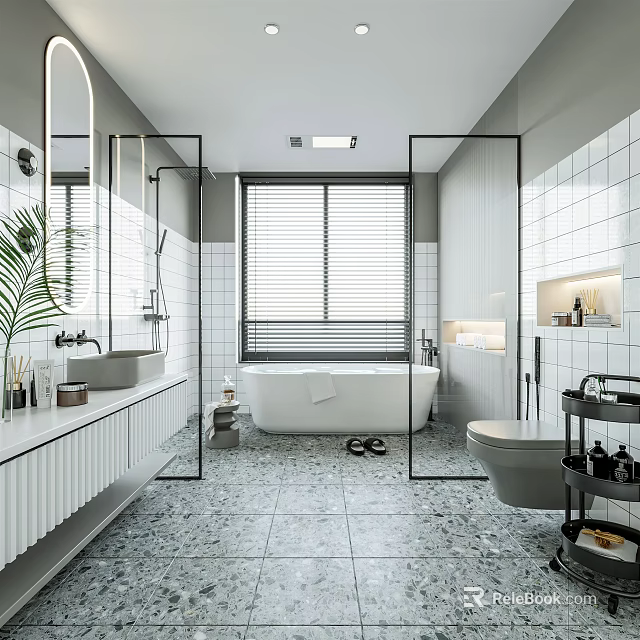 Modern Bathroom Interior With White Bathtub Double Sink Vanity Grey Tiled Walls And Terrazzo Flooring 3d model 