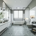 Modern Bathroom Interior With White Bathtub Double Sink Vanity Grey Tiled Walls And Terrazzo Flooring