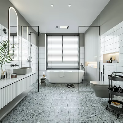 Modern Bathroom Interior With White Bathtub Double Sink Vanity Grey Tiled Walls And Terrazzo Flooring 3d model