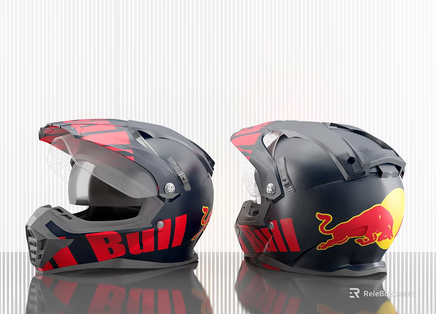 Stylish Black Red Motorcycle Helmet With Bull Logo And Red Bull Design 3d model 