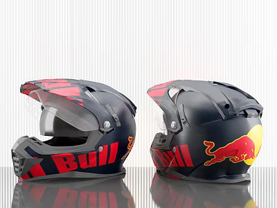 Stylish Black Red Motorcycle Helmet With Bull Logo And Red Bull Design 3d model
