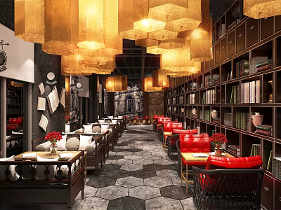 Cozy Cafe Interior With Wooden Bookshelves Red Chairs Chandeliers And Stone Paved Floor 3d model