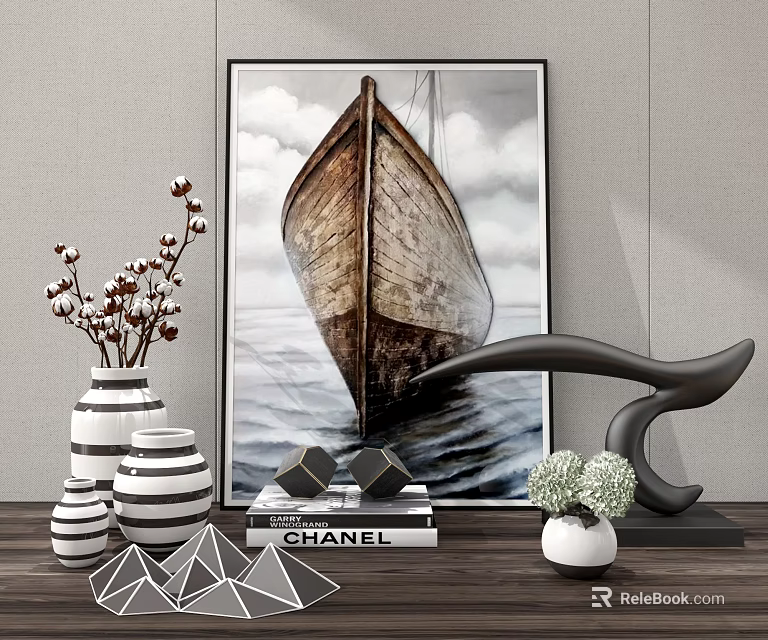 Elegant Decorative Ornament Set with Vintage Ship Painting Striped Vases Geometric Decor and Cotton Branches 3d model 