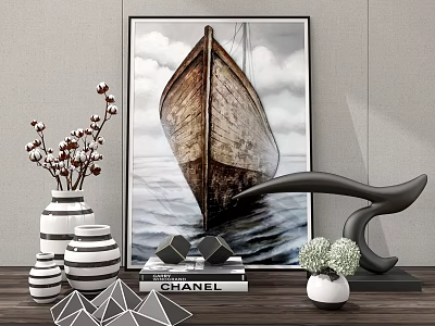 Elegant Decorative Ornament Set with Vintage Ship Painting Striped Vases Geometric Decor and Cotton Branches 3d model