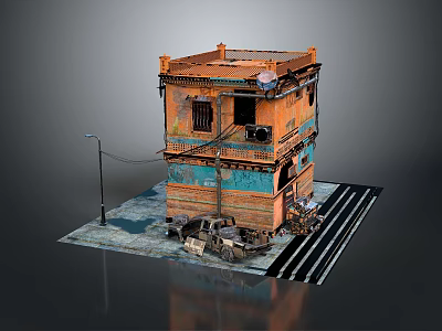 Scenic Weathered Orange Building With Blue Accents Old Motorcycles Tricycles Puddled Ground and Zebra Crossing 3d model