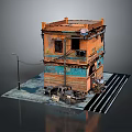 Scenic Weathered Orange Building With Blue Accents Old Motorcycles Tricycles Puddled Ground and Zebra Crossing