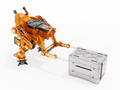 Orange Smart Machine with Mechanical Arm and Support Legs Transporting Metal Box on White Background 3d model