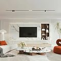 Modern Minimalist Living Room With White Sofa Orange Cushion Floor Lamp And Marble Accent Wall