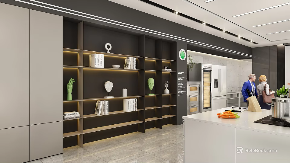 School Learning Space With Bookshelves Books Sculptures Plants And White Counter 3d model 