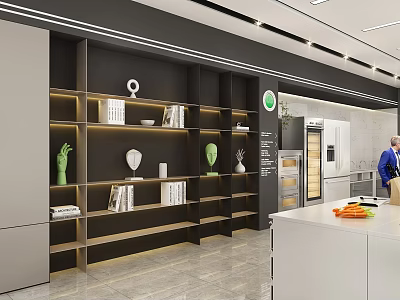 School Learning Space With Bookshelves Books Sculptures Plants And White Counter 3d model