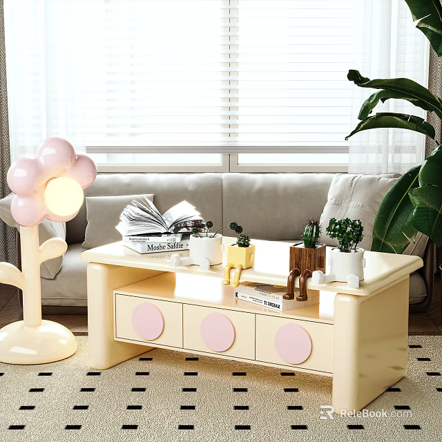 Light Beige Coffee Table With Pink Round Drawers Near Sofa And Green Plant 3d model 