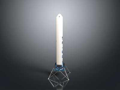 Detailed White Rocket Model With Blue Accents On Metallic Launch Support Stand 3d model