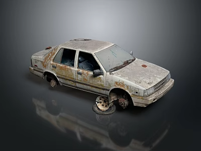 Abandoned Rusty Old Car With Damaged Body Faded Paint And Flat Tire 3d model