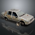 Abandoned Rusty Old Car With Damaged Body Faded Paint And Flat Tire