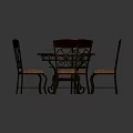 Round Dining Table Set With Red Glass Center Tabletop And Carved Backrest Pink Cushion Chairs