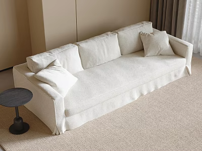 Beige Spacious Sofa with Soft Cushions Small Round Table on Neutral Rug Modern Living Room 3d model