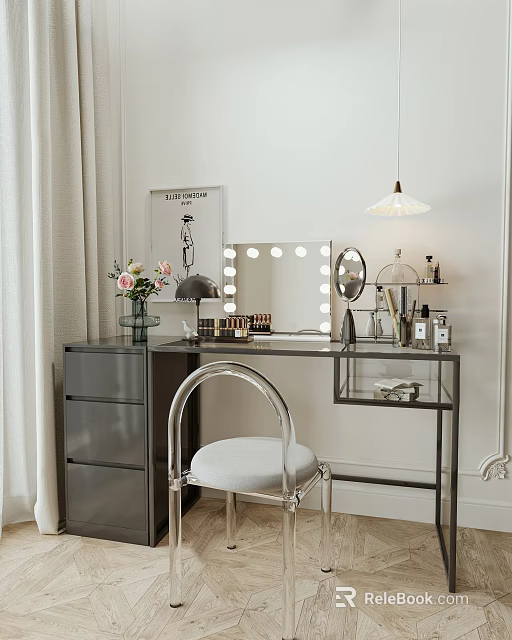 Modern Dressing Table With Lighted Mirror Stylish Chair Vase Flowers And Cosmetics 3d model 