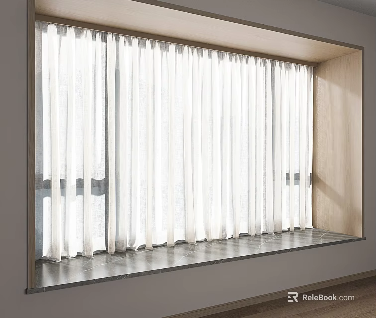 White Curtains Interior Design for Floor to Ceiling Window with Wooden Frame and Gray Floor 3d model 