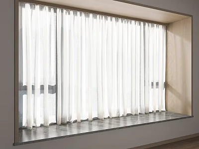 White Curtains Interior Design for Floor to Ceiling Window with Wooden Frame and Gray Floor 3d model